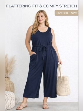 Stylus Navy Jumpsuit Wide Leg Belted Pockets XXL Plus NWT